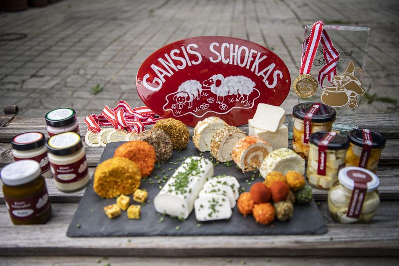 Schafkäse und Aufstriche vor einem Schild „Gansls Schofkas“
